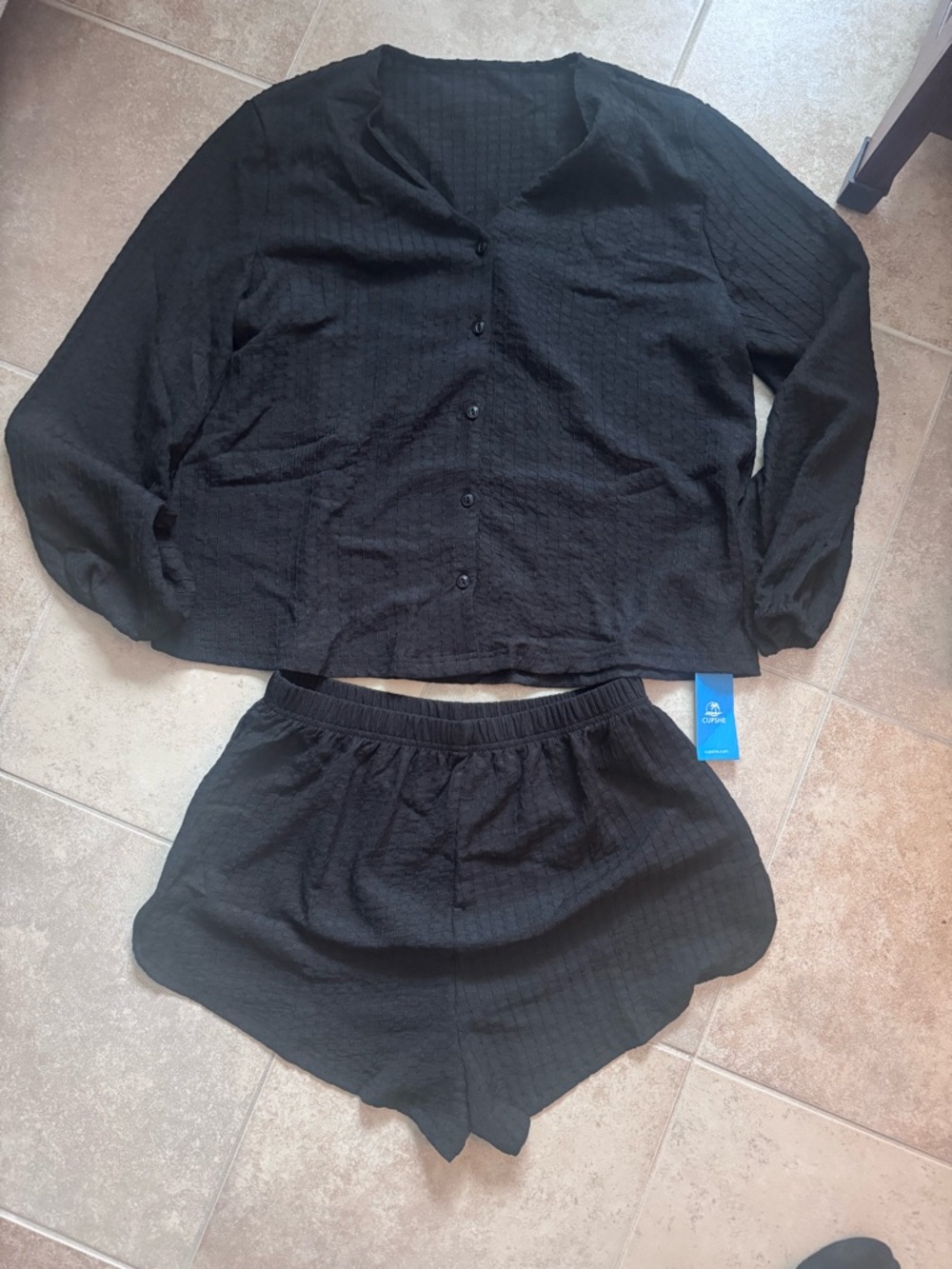 Cupshe Black Button-Front Top & Elastic Waist Shorts Set